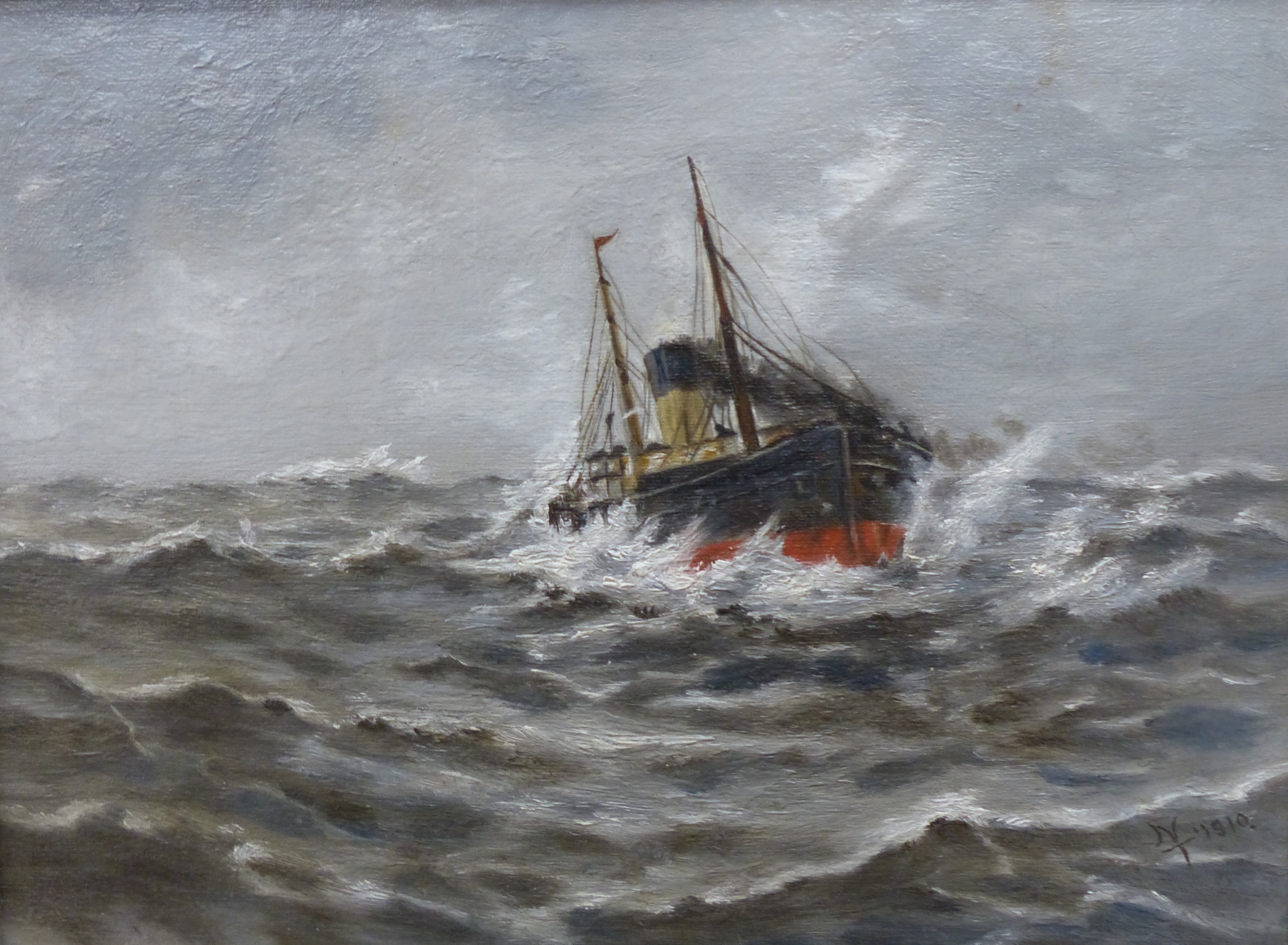 Nigel Terry, oil on canvas, Seascape of a trawler through rough sea, monogrammed NT and dated 1910, 39 x 29cm